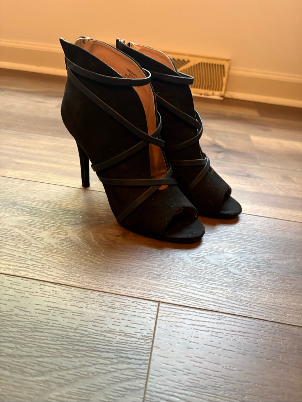 Women’s Black Strappy Peep-Toe High Heel Booties